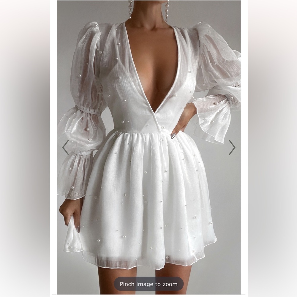 Showpo White Long Sleeve Puff Mini Dress with Pearl Detail